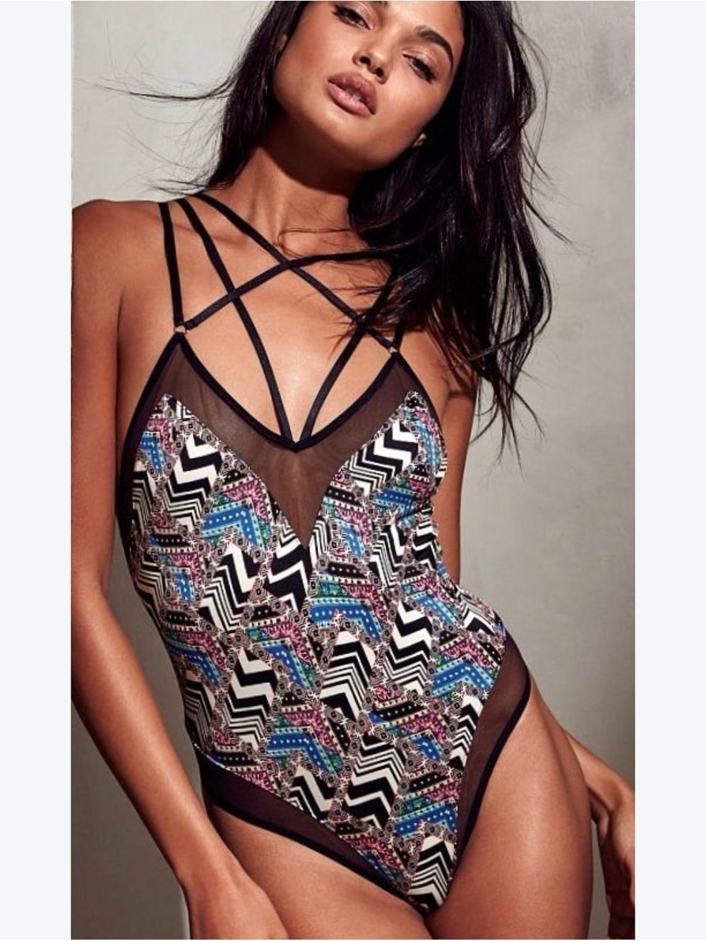 Victoria's Secret Black Bandeau One-Piece with Multicolor Geometric Print
